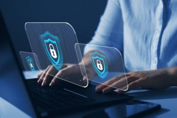 Cyber security  firewall interface protection concept. Businesswoman protecting herself from cyber attacks. Personal data security and banking